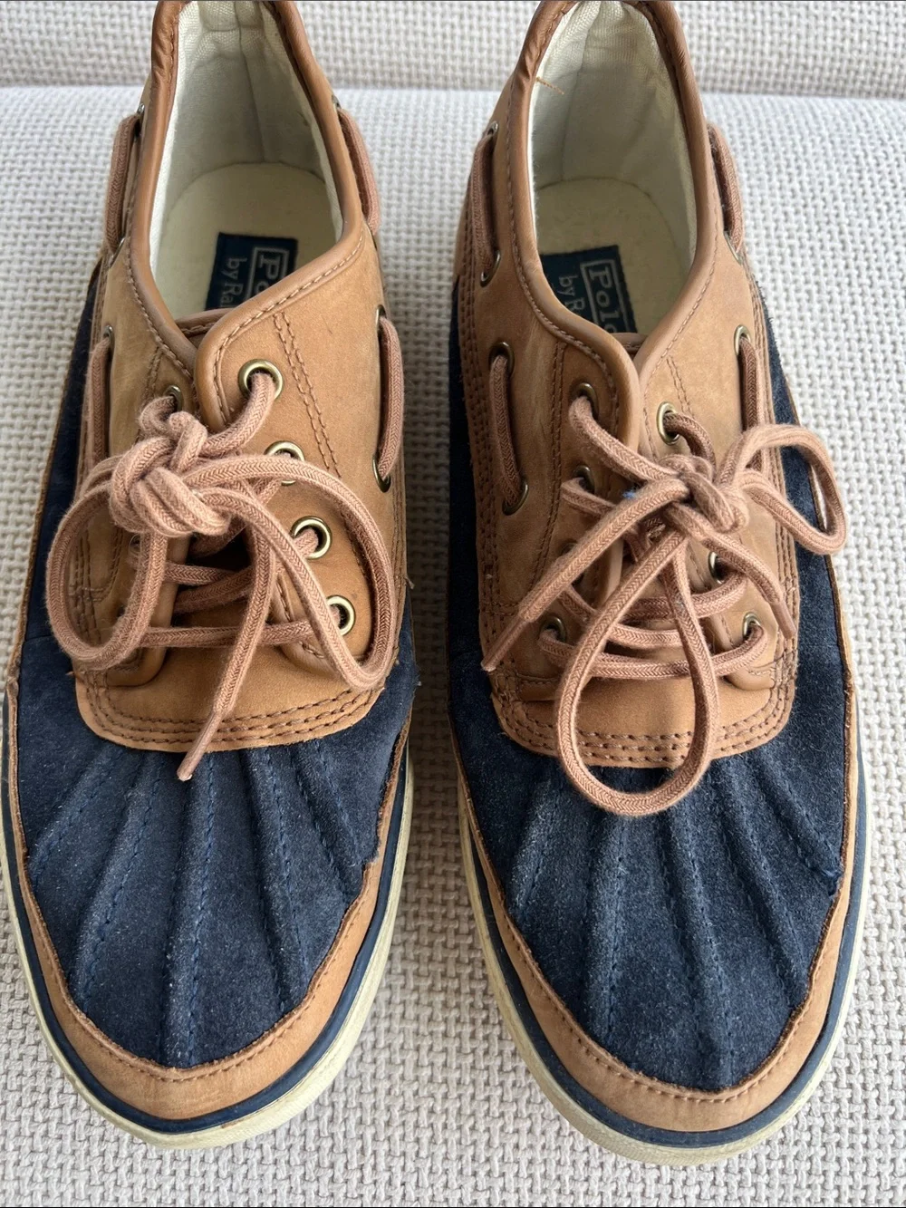 Polo by Ralph Lauren Navy and Tan Two-Tone Boat Shoes Sz 9 1/2